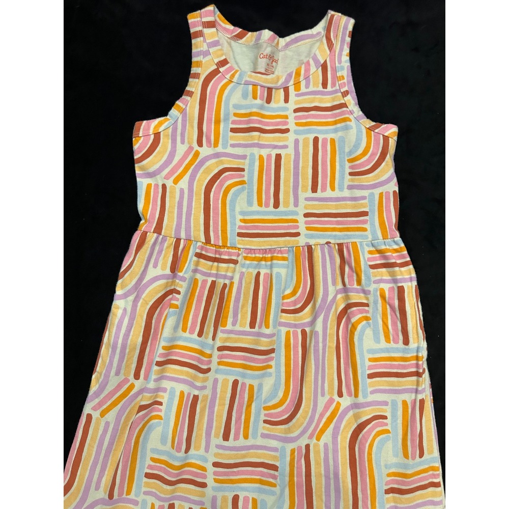 Cat & Jack Girls XL 14 Sleeveless Knit Dress Multicolor Stripe Ruffle Hem Tank